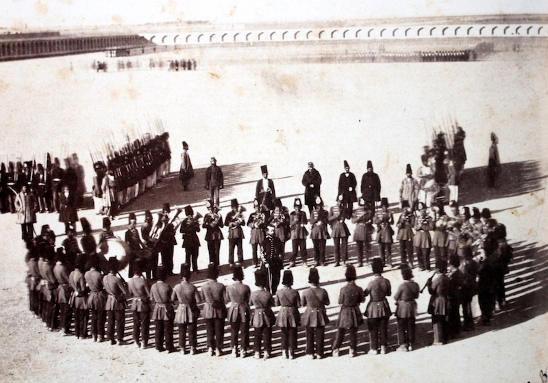 Persian Military Band, Mashq Square, Tehran, 1860. (Tholozan Album)